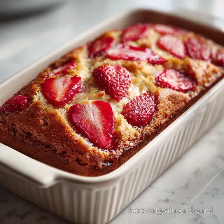 A thick slice of banana bread artfully arranged with fresh strawberries and a dusting of powdered sugar.