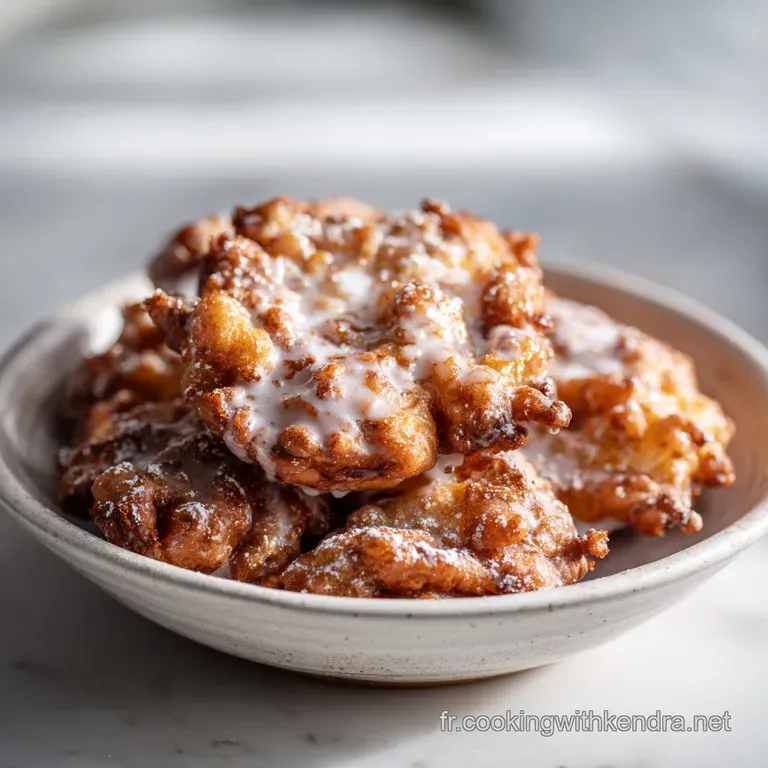 Stack of glazed apple fritters on a white plate. Cinnamon dusts the edges, catching the light. Rustic and comforting dessert.