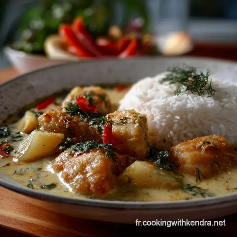 Elegant white plate showcasing a delicate portion of creamy fish blanquette. Flaky fish, vivid carrots, and a drizzle of c...
