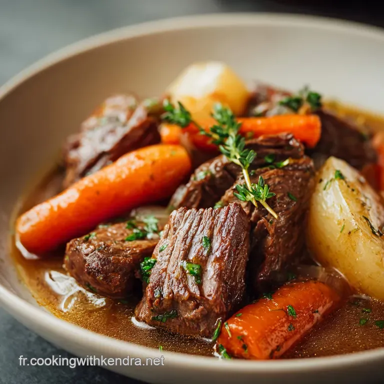 Elegant plate of tender beef and glazed carrots in savory sauce, garnished with fresh parsley sprigs, steam rising.