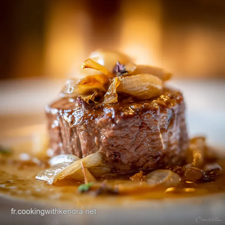 B&oelig;uf effiloch&eacute; fondant aux oignons et bouillon sav Le Paleron &agrave; la Lyonnaise