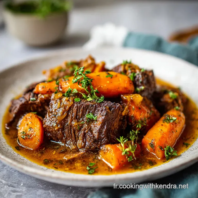 Braised beef paleron on creamy mashed potatoes, garnished with fresh parsley. Dark, rich sauce pools around the tender meat.