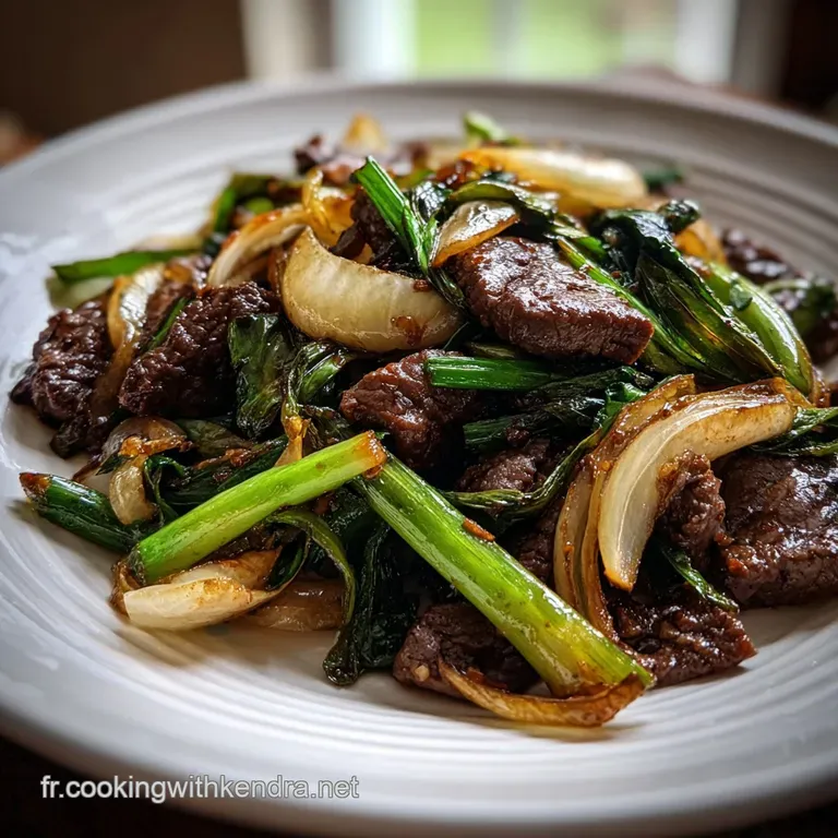 Savory beef and onion saut&eacute;, artfully plated. Steam rises from the tender meat, glistening with flavorful juices, promisin...