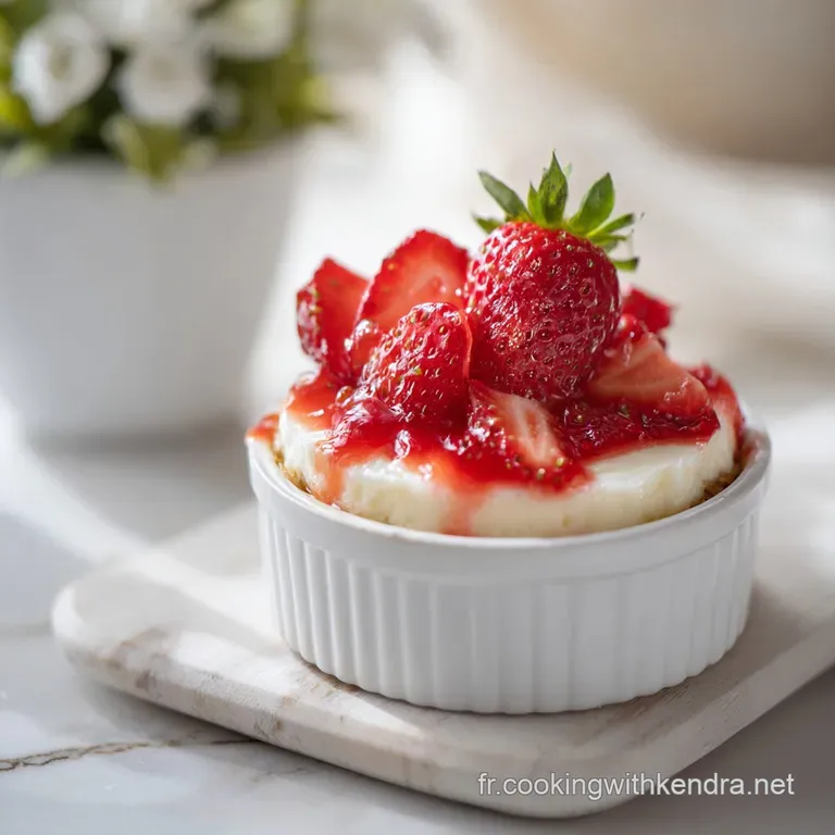 Neatly arranged mini cheesecakes with glossy strawberry halves on a white dessert plate, hinting at sweetness.