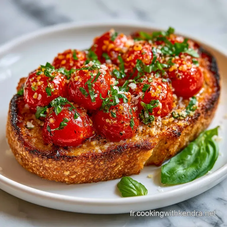Alignement &eacute;l&eacute;gant de toasts dor&eacute;s sur porcelaine blanche, avec des &eacute;clats de tomates rouges et un filet d'huile.
