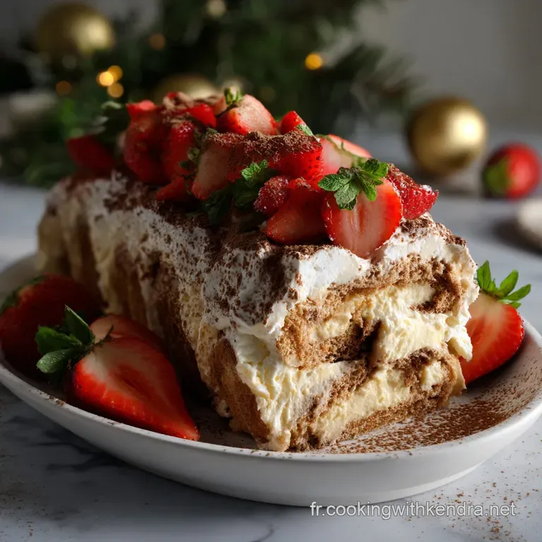 A single slice of the tiramisu-inspired B&ucirc;che de No&euml;l, showing layers of creamy filling and coffee-soaked cake.