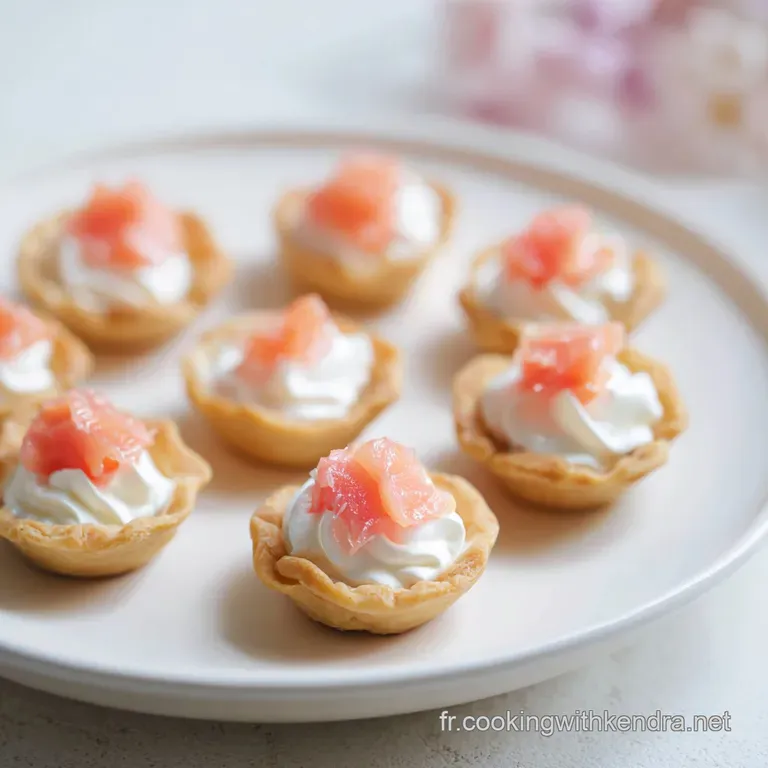 Petites bouch&eacute;es croustillantes sur un plat blanc, contrastant avec le rose du poisson et le vert &eacute;clatant.