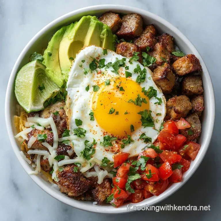 Artfully arranged breakfast bowl with a vibrant mix of textures & colors. Creamy avocado contrasts with crisp tortilla str...