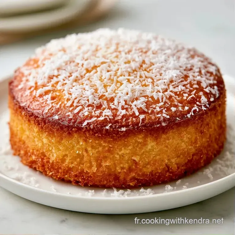 Tranche de g&acirc;teau blanc et spongieuse sur une assiette minimaliste, d&eacute;cor&eacute;e de fins copeaux de coco immacul&eacute;s.