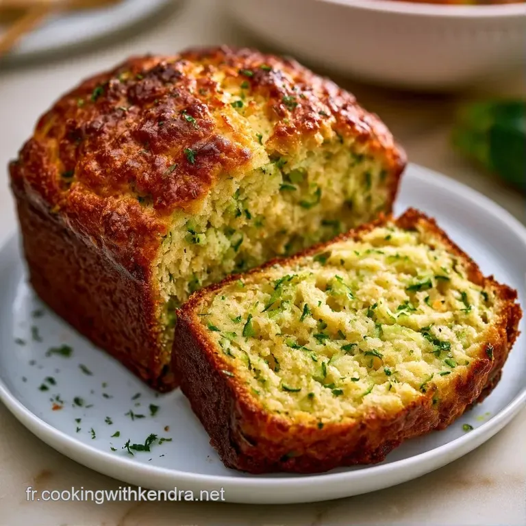 Une tranche de cake dor&eacute; pos&eacute;e sur une assiette blanche, r&eacute;v&eacute;lant une mie a&eacute;r&eacute;e ponctu&eacute;e d'&eacute;clats de courgettes vertes.
