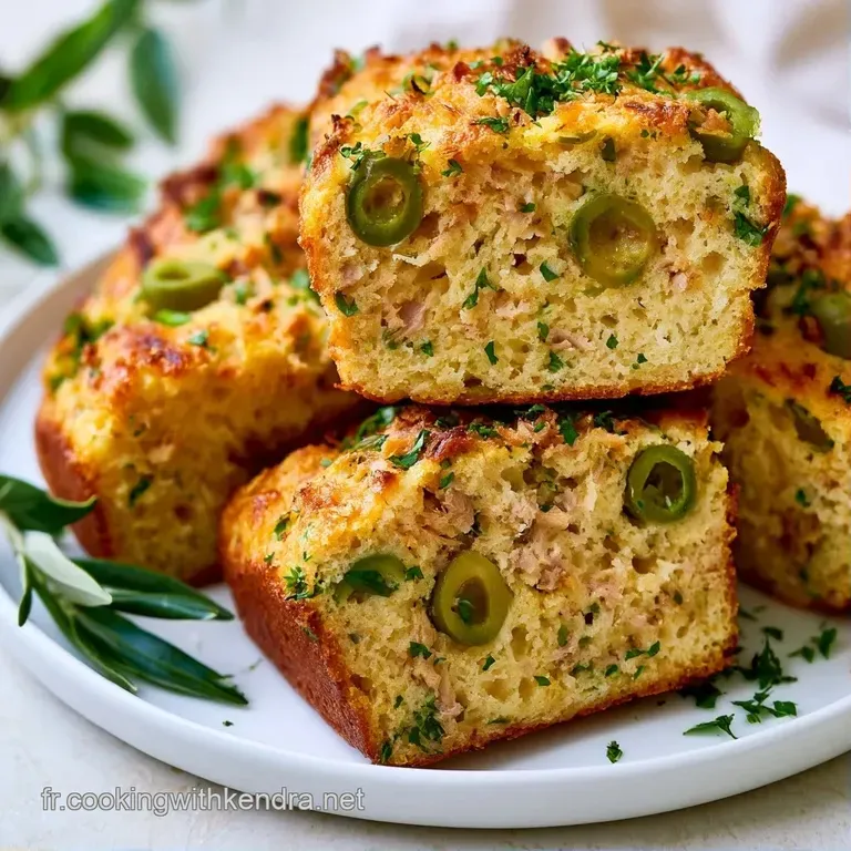 Fine tranche de cake dor&eacute;e sur assiette blanche, contrastant avec le vert frais de quelques feuilles de salade.