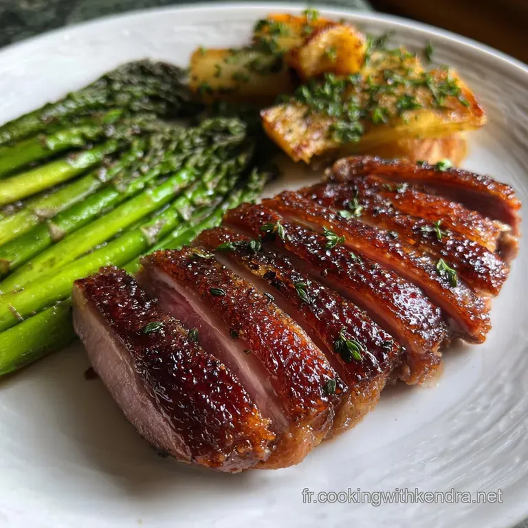 Seared duck breast with rosy center, fanned atop creamy polenta. Garnished with microgreens for a sophisticated plate.