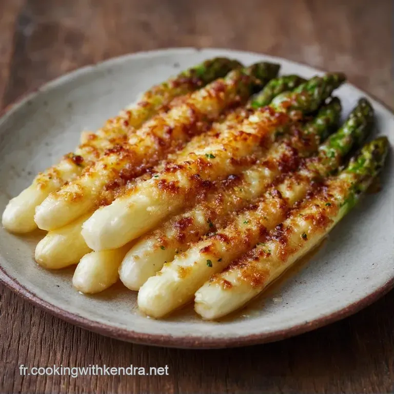 Asperges blanches tendres et cr&eacute;meuses dispos&eacute;es avec soin, d&eacute;cor&eacute;es d'un brin de persil frais sur fond neutre.