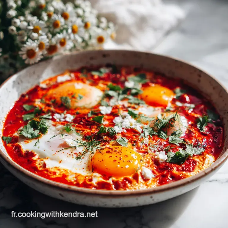 Chakchouka served in a rustic bowl, steam rising, alongside crusty bread for dipping into the savory tomato and egg dish.