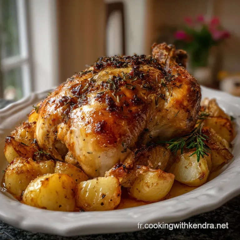 Elegant plate showcasing a slice of succulent capon, drizzled with jus, alongside colorful vegetable medley, garnished wit...