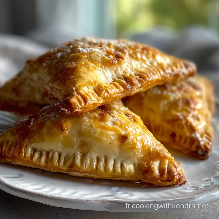 A single apple turnover sits on a white plate, showcasing its crisp, caramelized exterior and sweet apple filling, ready t...