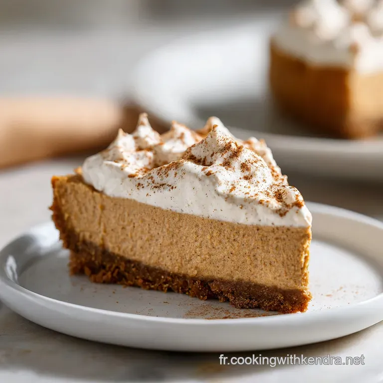Elegant slice of smooth pumpkin cheesecake garnished with a dollop of whipped cream and a sprinkle of spice.