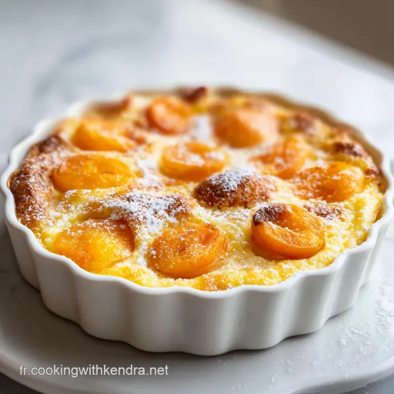 Slice of apricot clafoutis on a white plate, sprinkled with sugar and garnished with mint. Elegant dessert presentation. S...