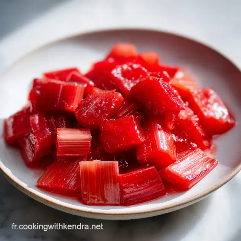 A spoonful of ruby-red rhubarb compote sits beside a dollop of whipped cream, creating a striking contrast. Fresh mint spr...