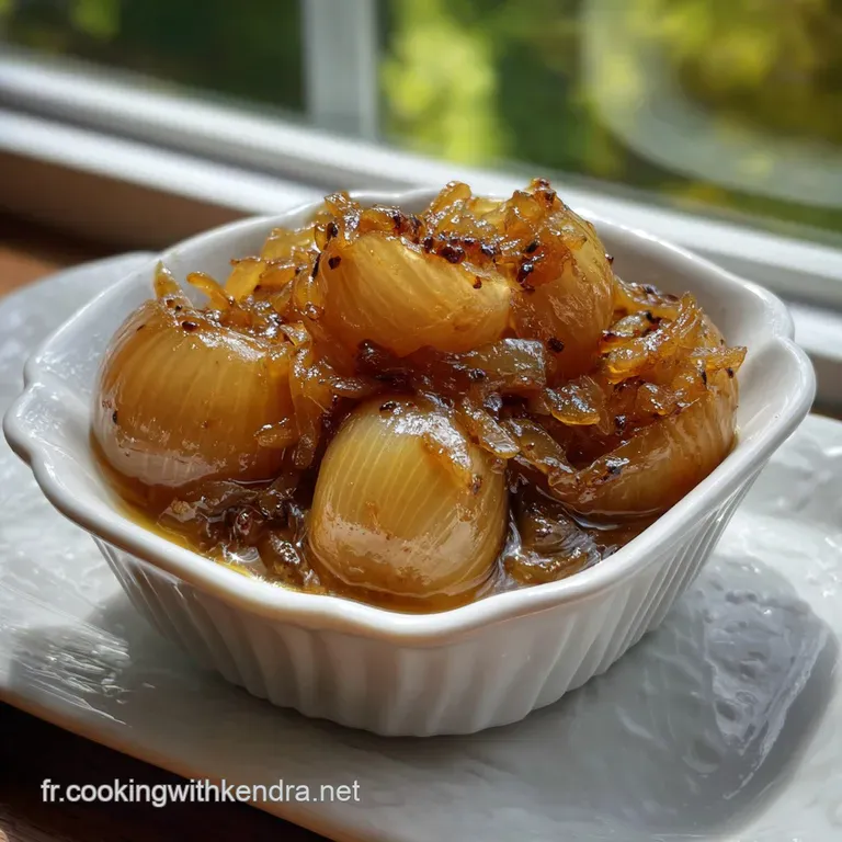 Elegant serving of glossy, deep-brown confit d'oignons, artfully arranged with a sprig of fresh herbs. Subtle variations i...