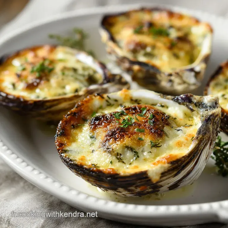 Elegant plating of a single gratin&eacute;ed oyster shell, golden and bubbling, adorned with fresh herbs on a white plate.