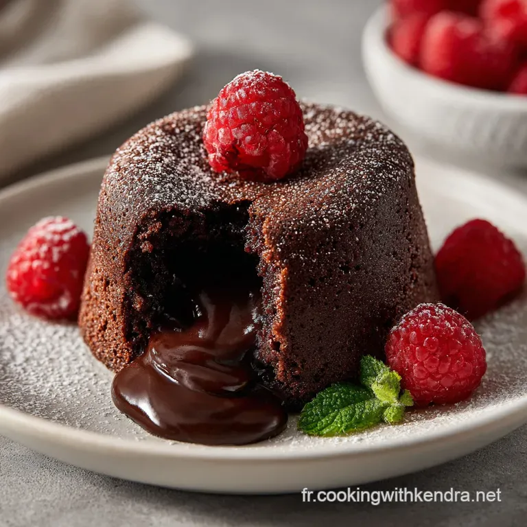 A glossy, dark chocolate lava cake sits on a white plate, dusted with cocoa, alongside a sprig of vibrant green mint.