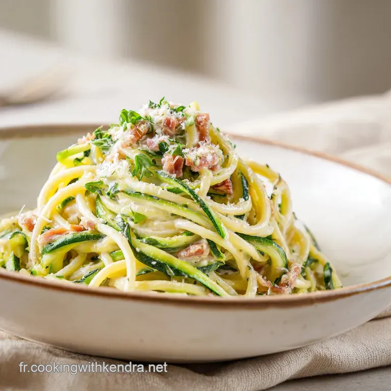 Elegant plate of light carbonara, zucchini shining, parmesan dusting, ready to eat with fork placed invitingly.
