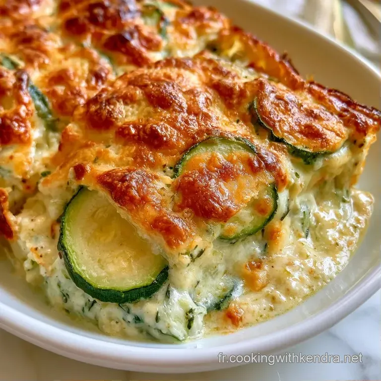 Une part carr&eacute;e sur assiette blanche, montrant des couches de courgettes vertes sous un voile de fromage filant chaud.