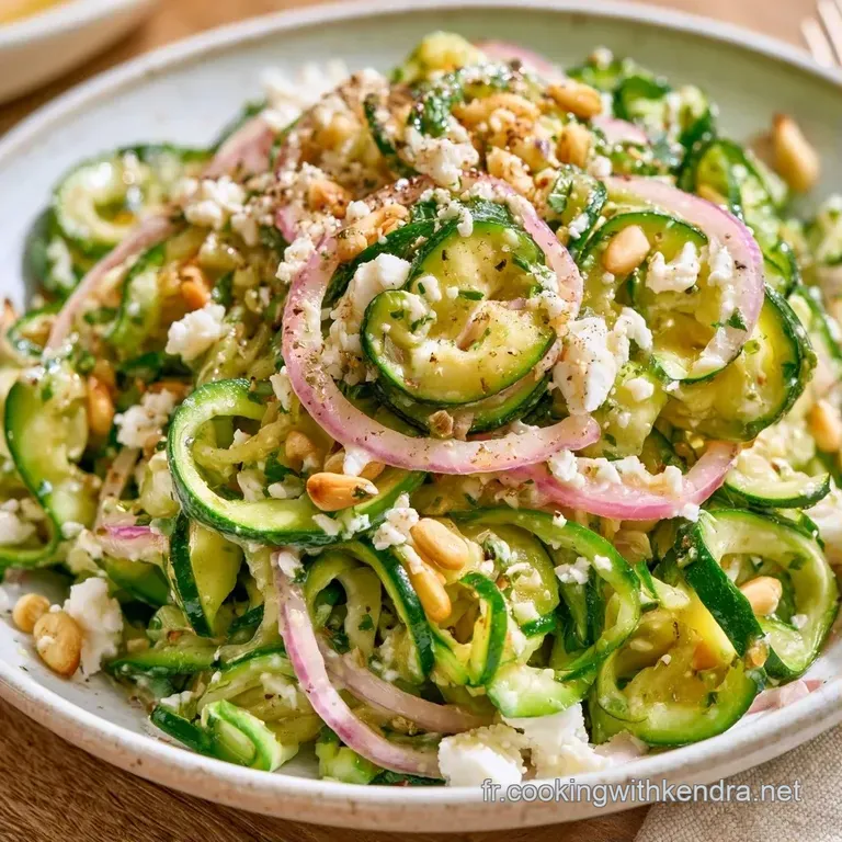 Rubans de courgettes croquants et cubes de f&eacute;ta cr&eacute;meux dispos&eacute;s avec soin dans une assiette blanche et lumineuse.