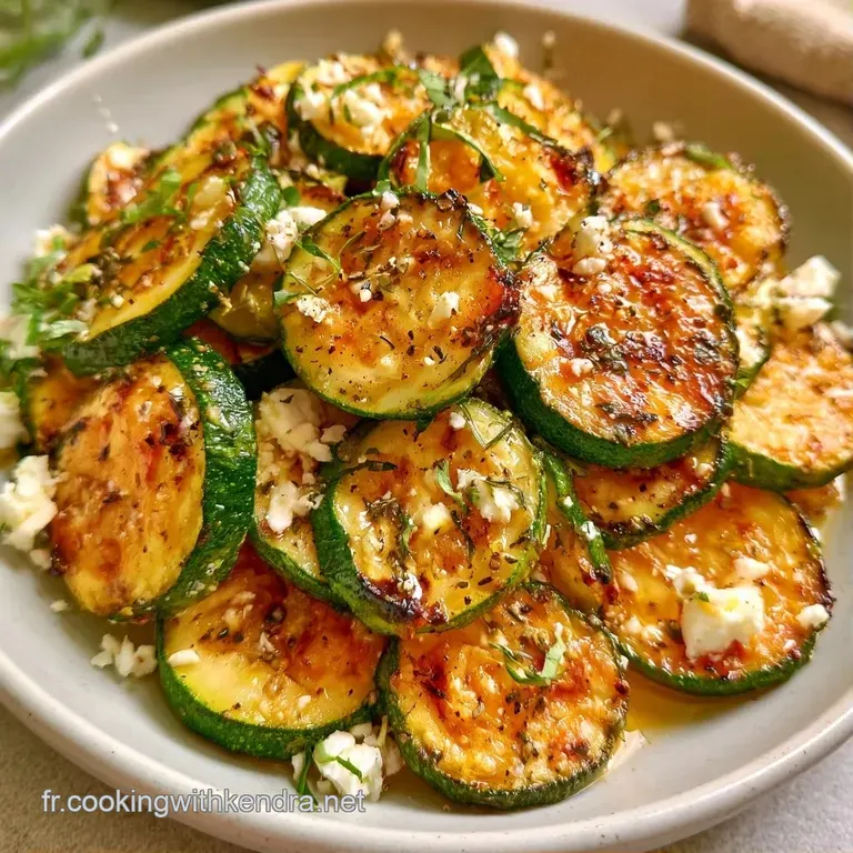 Disposition &eacute;l&eacute;gante de rondelles de courgettes grill&eacute;es, feta &eacute;miett&eacute;e et touches de vert frais sur assiette blanche.