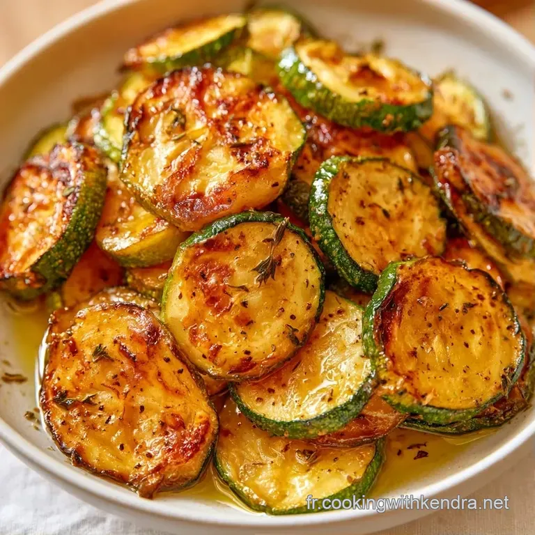 Courgettes r&ocirc;ties dispos&eacute;es avec soin dans une assiette blanche, reflets huileux brillants et touche de persil vert.