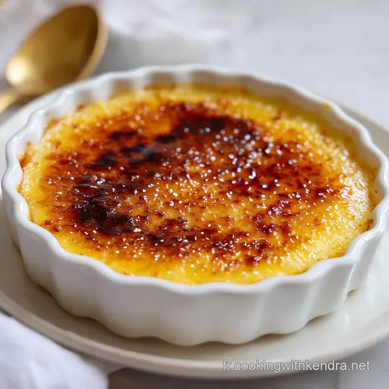 Elegant cr&egrave;me br&ucirc;l&eacute;e with a torched, shimmering surface. Garnish of delicate berries and a sprig of mint adds fresh color.