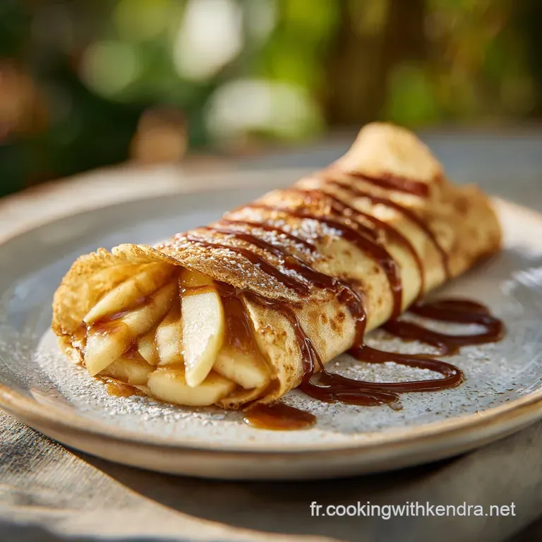 Delicate cr&ecirc;pe quarters, filled with soft, spiced apples, artfully arranged with a scoop of vanilla ice cream and a drizzl...