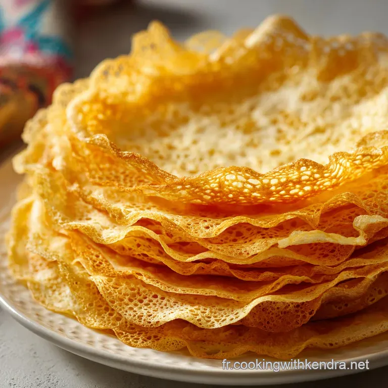 Cr&ecirc;pes pli&eacute;es en triangles r&eacute;guliers sur porcelaine blanche, surface lisse et dor&eacute;e, saupoudr&eacute;es de sucre glace fin.
