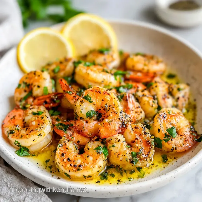 A bright, inviting plate of succulent saut&eacute;ed shrimp, paired with a lemon wedge. Sprigs of fresh parsley add a vibrant gre...