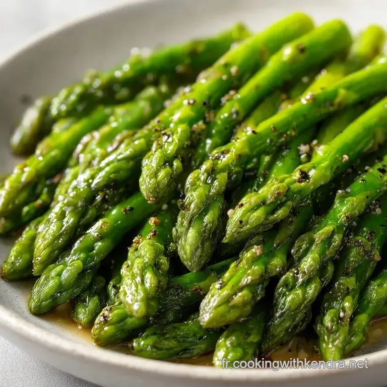 Quelques asperges vertes croquantes align&eacute;es avec soin, surmont&eacute;es de grains de sel et d'un filet d'huile dor&eacute;e.