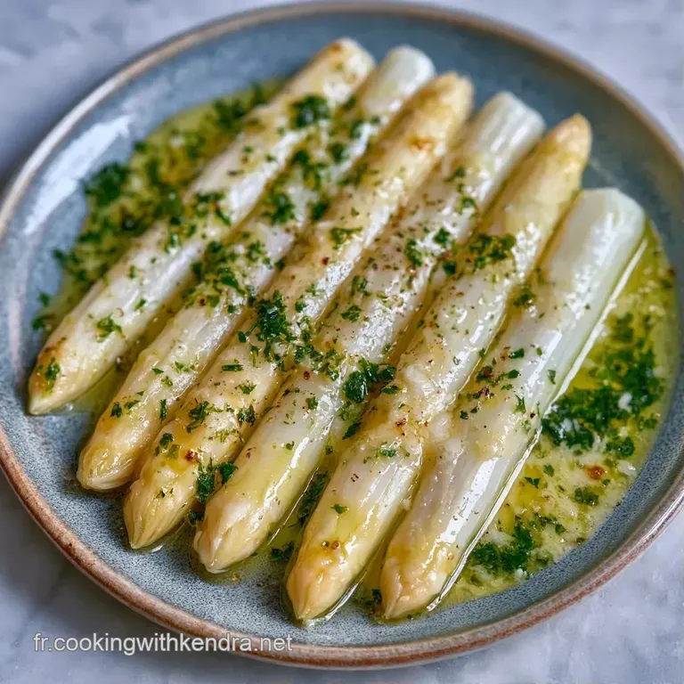 Asperges d'un blanc pur align&eacute;es avec soin sur une assiette blanche, surmont&eacute;es d'une sauce onctueuse et brillante.