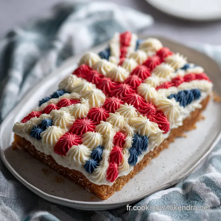 Elegant slice of flag-inspired cake on a white plate. Whipped cream dollops and colorful fruit add delightful accents. Inv...