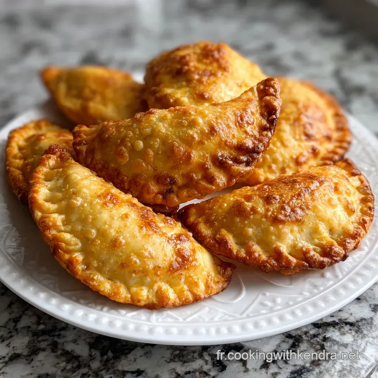 Perfectly browned empanada displayed on a patterned plate, dusted with flour. The flaky crust hints at a savory, flavorful...