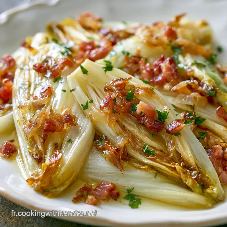 Endives tendres napp&eacute;es d'une sauce blanche onctueuse, gratin&eacute;es au four avec des lardons dor&eacute;s dans une assiette.