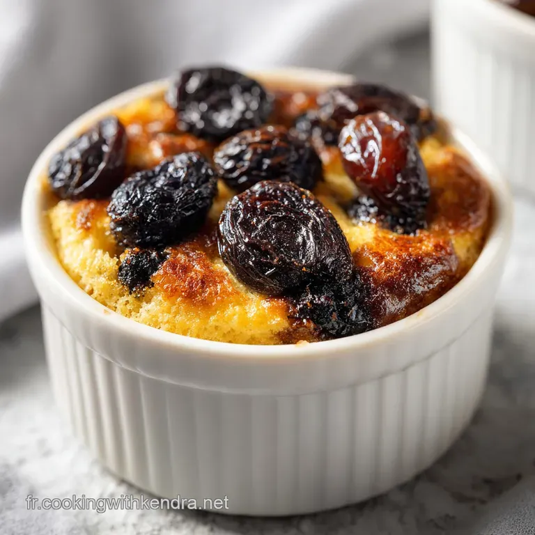 Slice of warm, custardy Far Breton, speckled with dark prunes, presented on a plate dusted with powdered sugar. Tempting a...