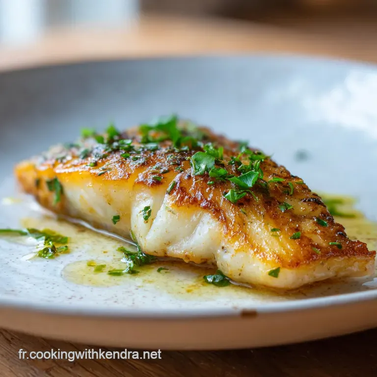 Elegant plate featuring a perfectly seared fish fillet with crispy skin, alongside vibrant greens and a light, flavorful s...