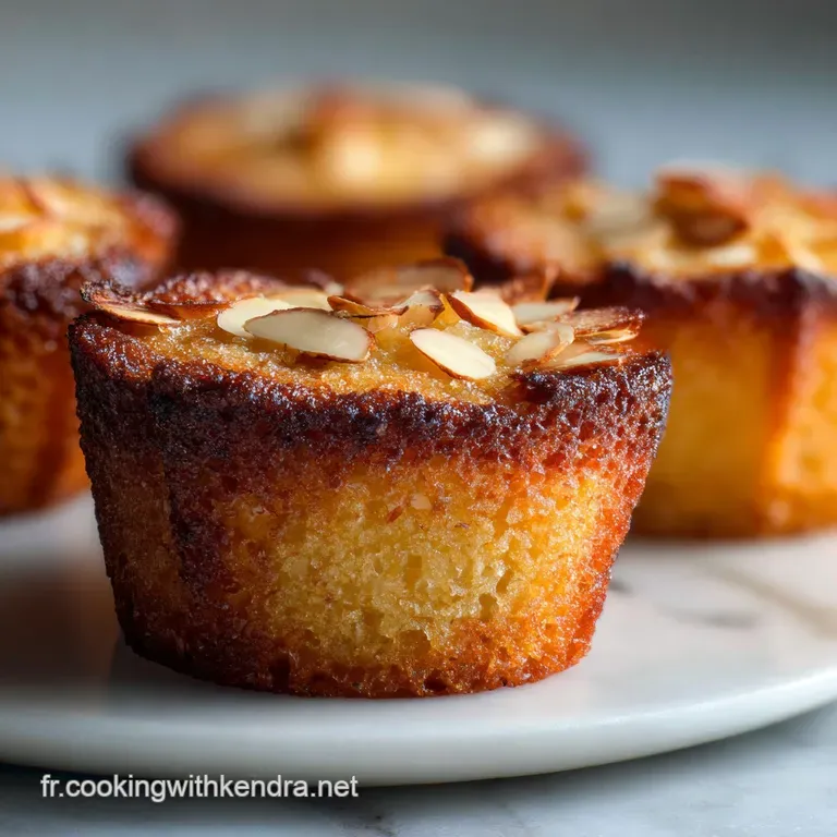 A single, petite financier with a nutty aroma rests on a patterned plate, dusted with powdered sugar, a tempting treat.
