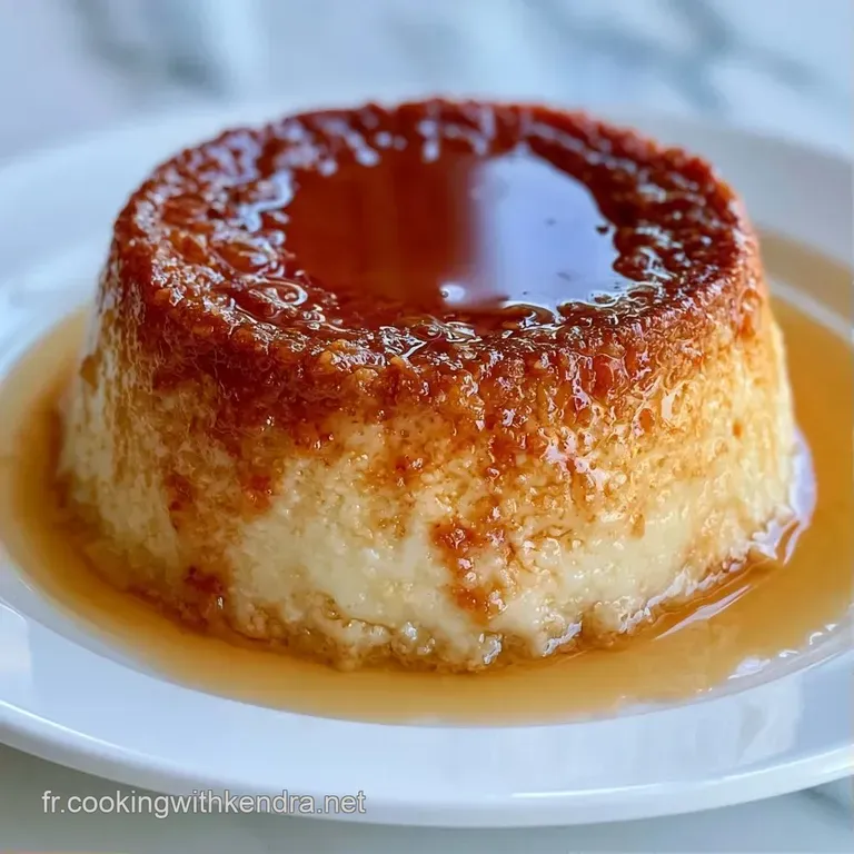 Part de g&acirc;teau onctueuse et p&acirc;le pos&eacute;e sur une assiette blanche, entour&eacute;e d'un coulis dor&eacute; et de copeaux de coco.