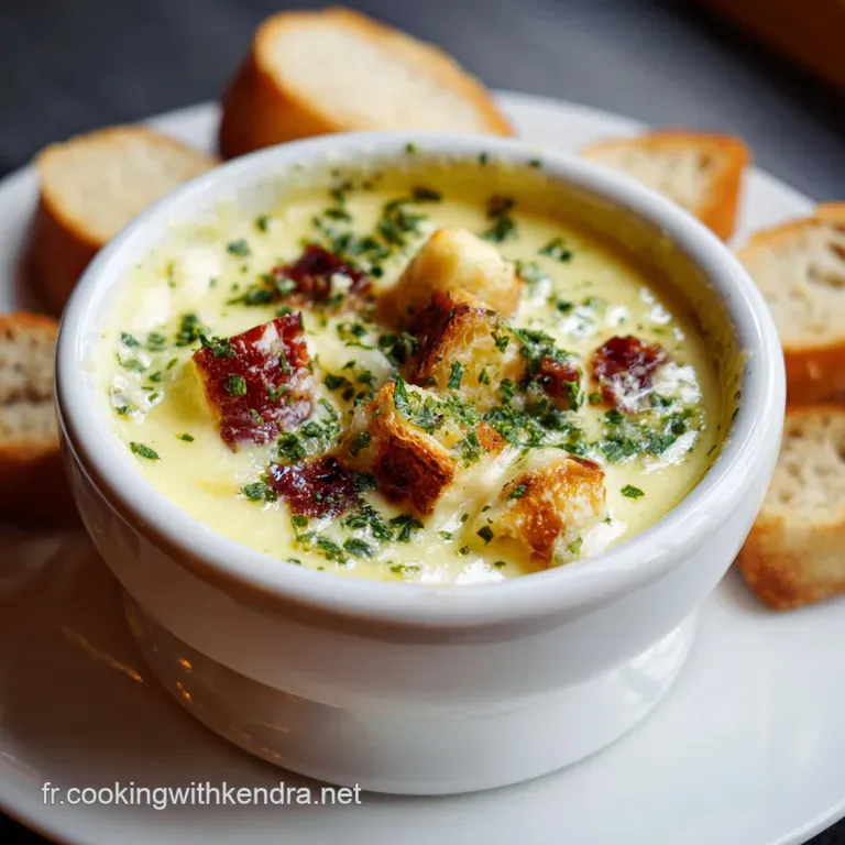 Creamy, molten cheese fondue served elegantly in a ceramic pot, with a skewer holding a piece of golden-brown bread ready ...