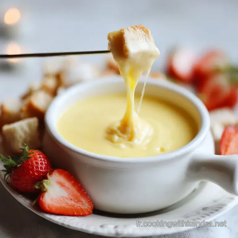 Elegant fondue presentation: cheese bubbling gently in a stoneware pot, alongside artfully arranged charcuterie, fruit, an...