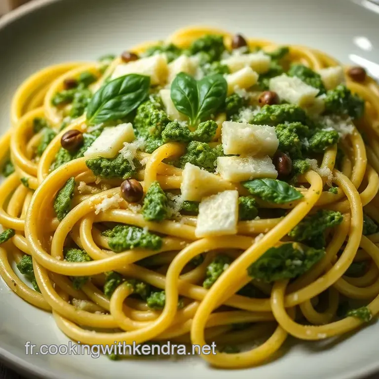 Fusili Al Pesto Classique Avec Tomates Cerises Et Pignons De Pin presentation