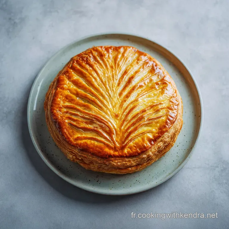 A crisp slice of golden galette with visible layers of puff pastry, artfully arranged with a dusting of sugar.