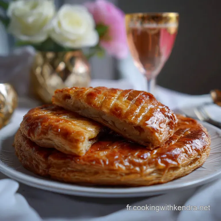 Elegant slice of galette on a white plate, showcasing the creamy almond filling. Flaky layers and a golden crust are the s...