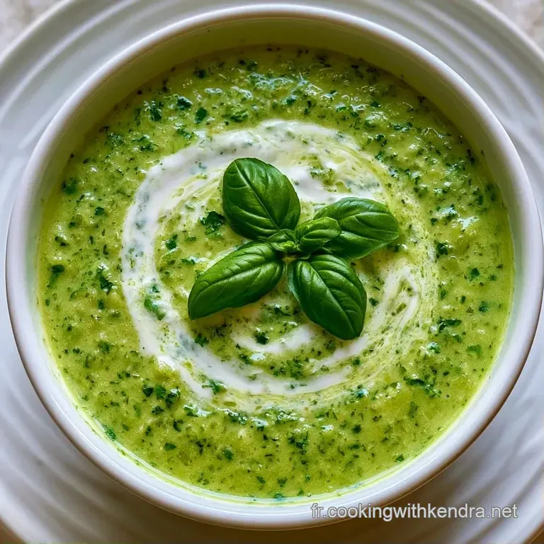 Bol blanc minimaliste contenant un velout&eacute; vert vif, surmont&eacute; de d&eacute;s de concombre croquants et d'une feuille de basilic.